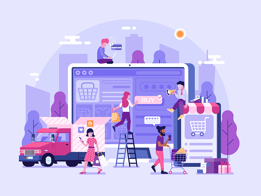 Illustration of shoppers buying smartphones online, showing a large phone screen with a buy button, shopping carts, delivery truck, and people comparing deals and purchases.