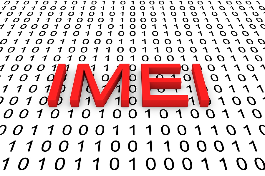 Red 3D text IMEI on a background of binary code, symbolizing iPhone IMEI check and device identification.