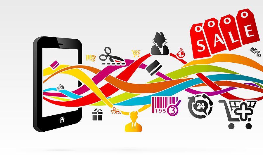 Illustration of a smartphone with colorful ribbons connecting shopping icons, sale tags, barcode, and cart symbols