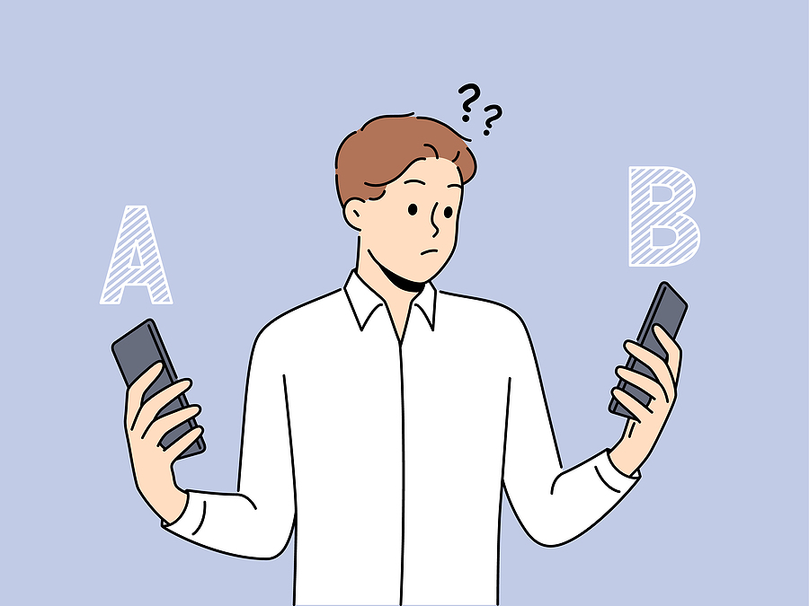 A cartoon illustration of a confused person holding two smartphones, looking back and forth between them with question marks above their head, comparing option A on the left and option B on the right.
